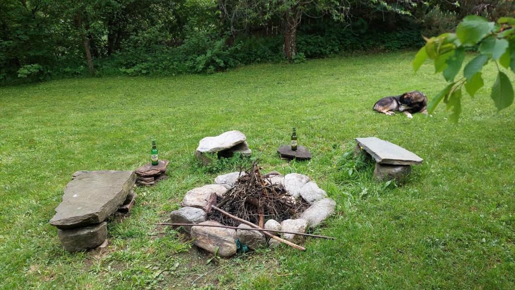 Großer Garten mit Lagerfeuerstelle und Sitzplätzen am Sissi Apartment